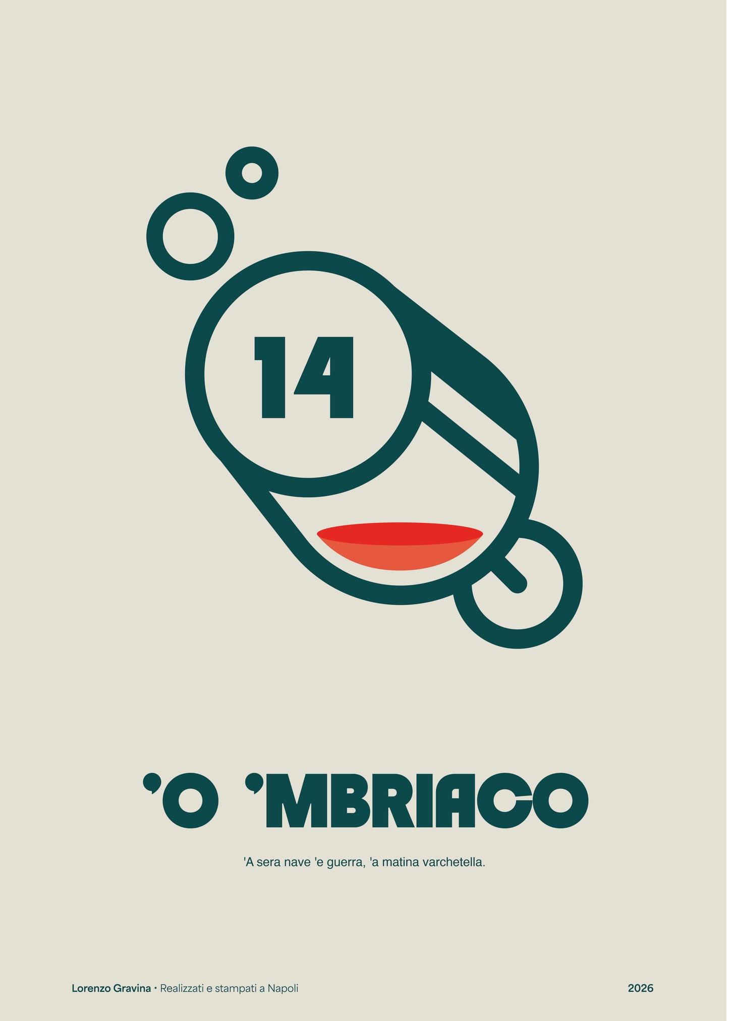 Poster Smorfia 14 L’Ubriaco – stampa su carta opaca 230gr, vista frontale | Posteria Verace