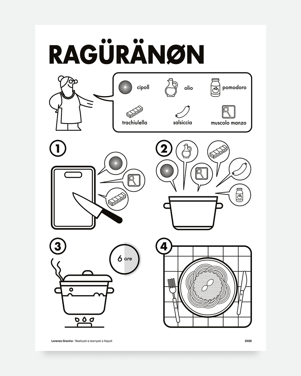 Poster Ragù Napoletano – sei ore di cottura e tradizione napoletana, stampa tipografica | Posteria Verace