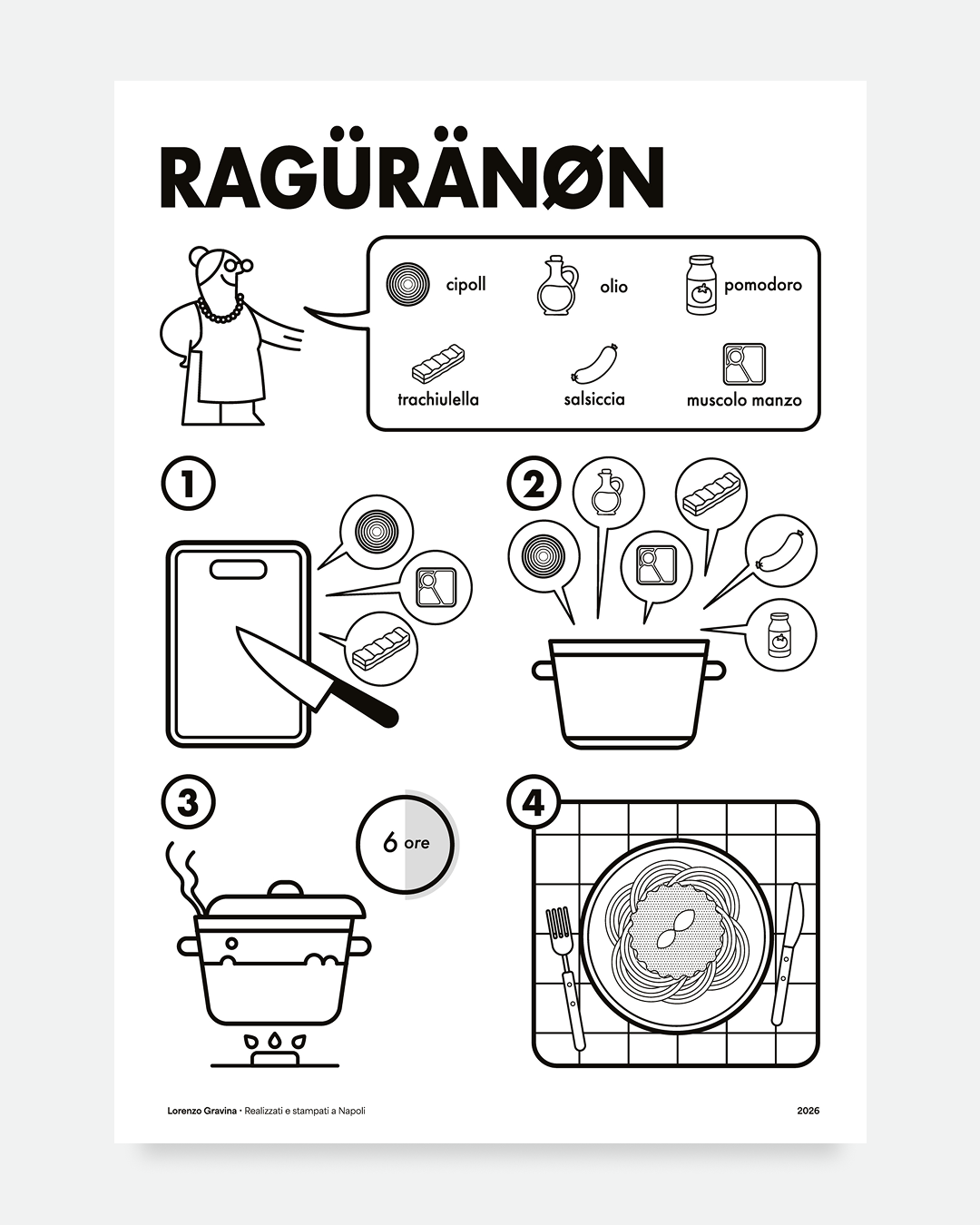 Poster Ragù Napoletano – sei ore di cottura e tradizione napoletana, stampa tipografica | Posteria Verace