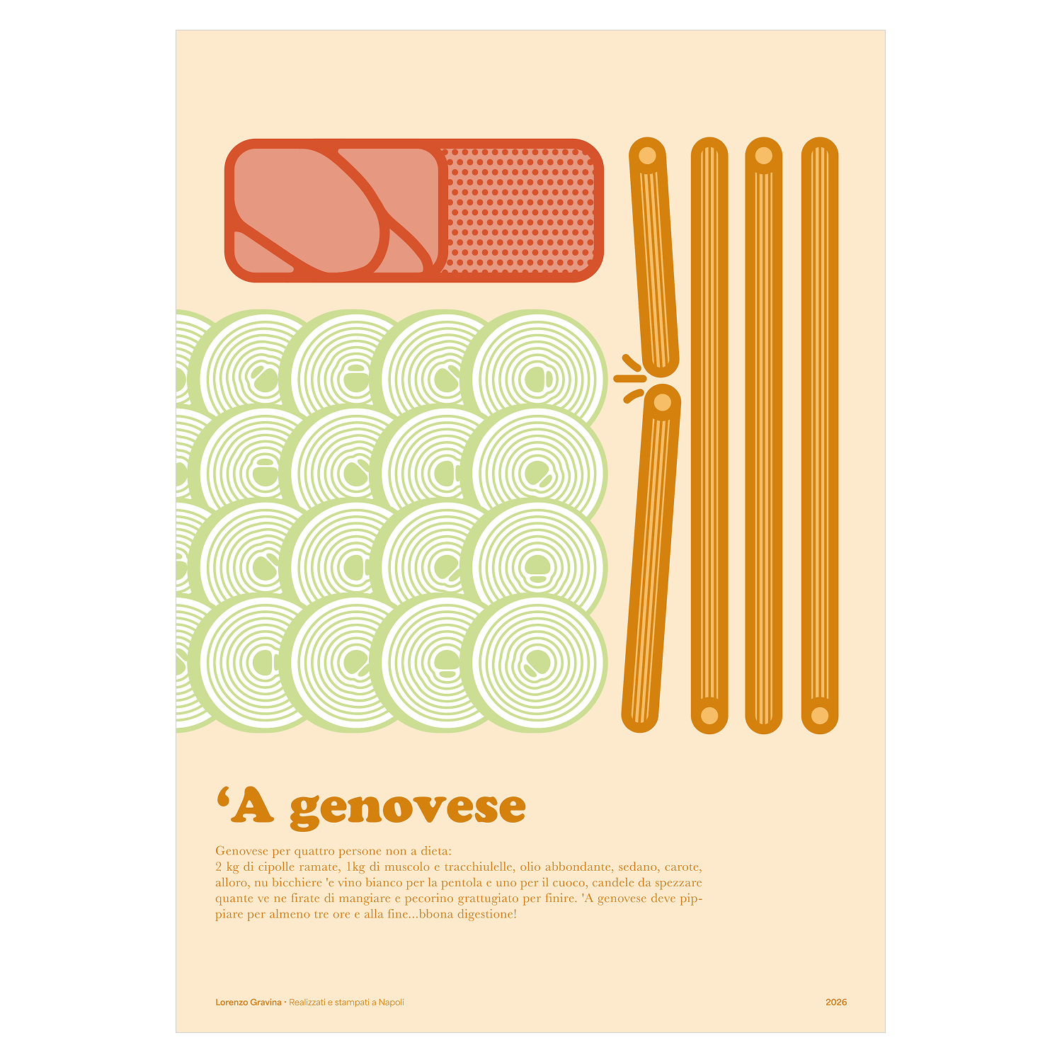 Poster La Genovese – ricetta napoletana illustrata con cipolle e ziti, stampa cucina | Posteria Verace