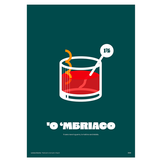 Poster Smorfia 14 L'Ubriaco Negroni – numero 14 della smorfia napoletana, variante cocktail, stampa tipografica | Posteria Verace