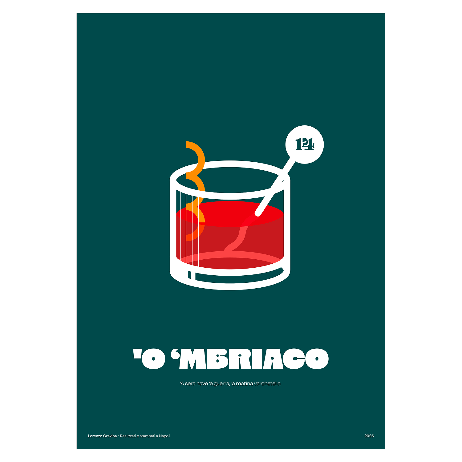 Poster Smorfia 14 L'Ubriaco Negroni – variante cocktail, numero 14 della smorfia napoletana | Posteria Verace
