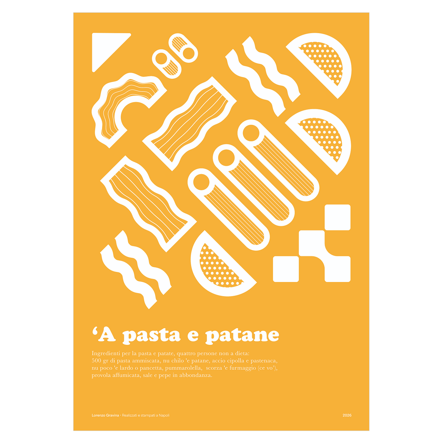 Poster 'A Pasta e Patane – ricetta napoletana illustrata su sfondo arancione, stampa cucina | Posteria Verace
