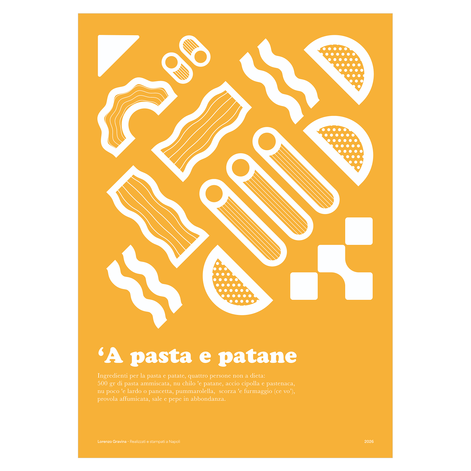 Poster 'A Pasta e Patane – ricetta napoletana illustrata su sfondo arancione, stampa cucina | Posteria Verace