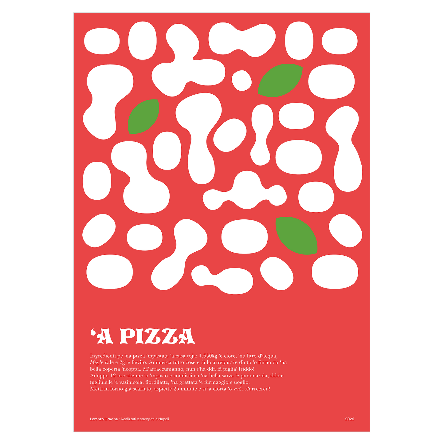 Poster 'A Pizza – ricetta napoletana di mamma illustrata su sfondo rosso, stampa cucina | Posteria Verace