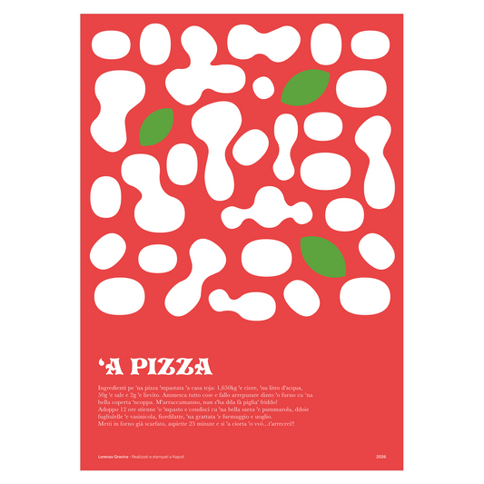 Poster 'A Pizza – ricetta napoletana di mamma illustrata su sfondo rosso, stampa cucina | Posteria Verace