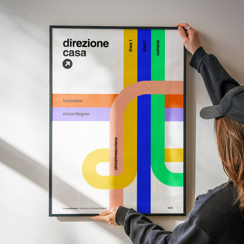 Poster Direzione Casa in cornice su parete – stampa napoletana ispirata a Vignelli | Posteria Verace