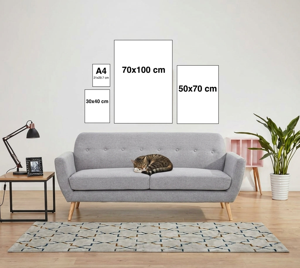 Guida alle misure dei poster Posteria Verace: formati A4, 30x40, 50x70 e 70x100 cm a confronto su parete