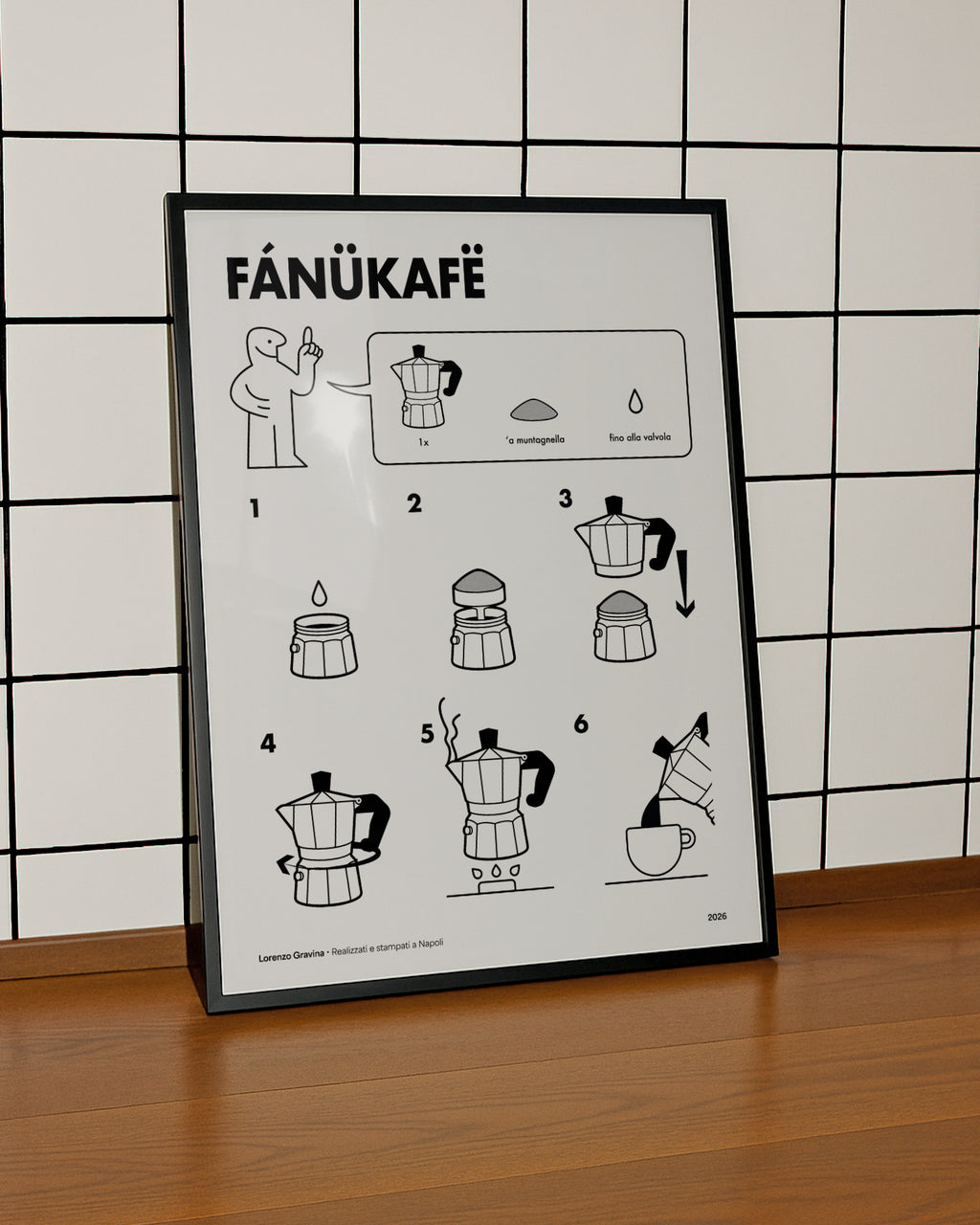 Dettaglio del poster FANUCAFE in stile manuale di istruzioni IKEA – caffè napoletano | Posteria Verace