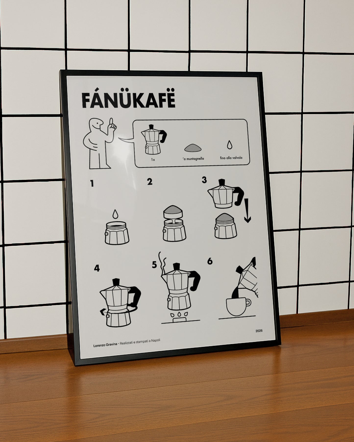 Dettaglio del poster FANUCAFE in stile manuale di istruzioni IKEA – caffè napoletano | Posteria Verace