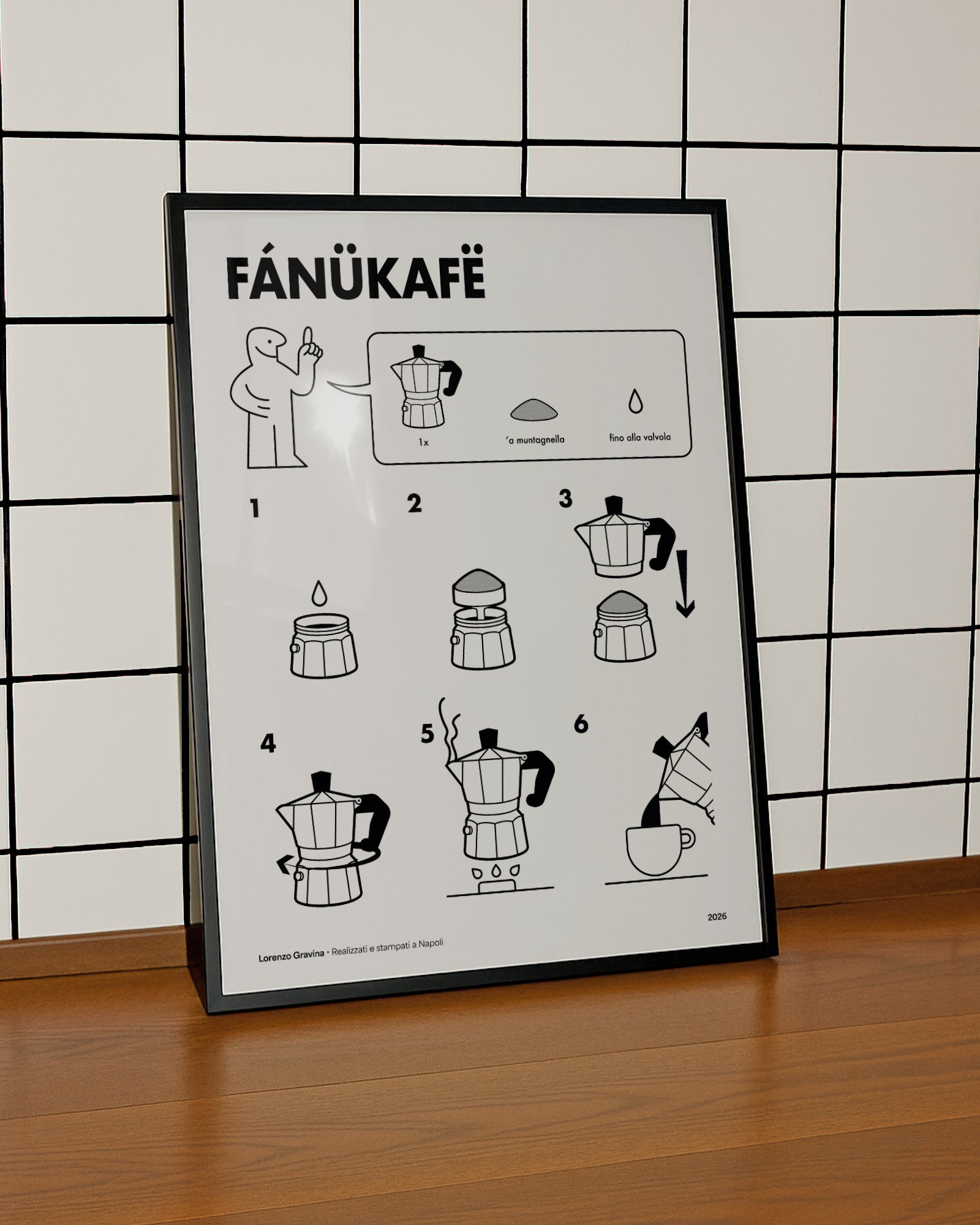 Dettaglio del poster FANUCAFE in stile manuale di istruzioni IKEA – caffè napoletano | Posteria Verace