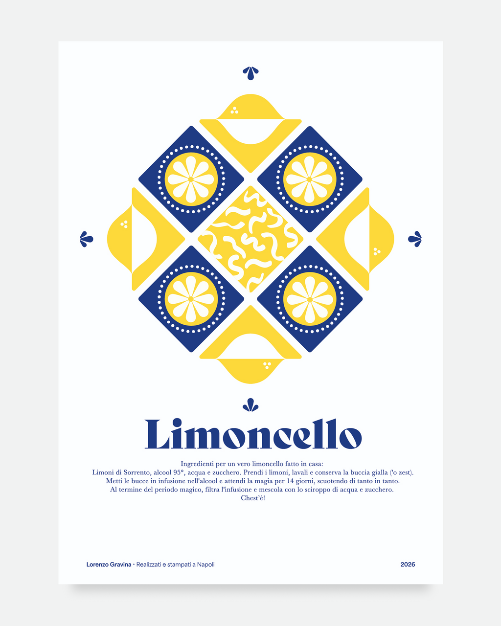 Poster Limoncello con ricetta – maiolica geometrica in giallo e blu con limoni di Sorrento | Posteria Verace