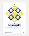 Poster Limoncello con ricetta – maiolica geometrica in giallo e blu con limoni di Sorrento | Posteria Verace