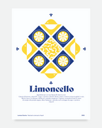 Poster Limoncello con ricetta – maiolica geometrica in giallo e blu con limoni di Sorrento | Posteria Verace