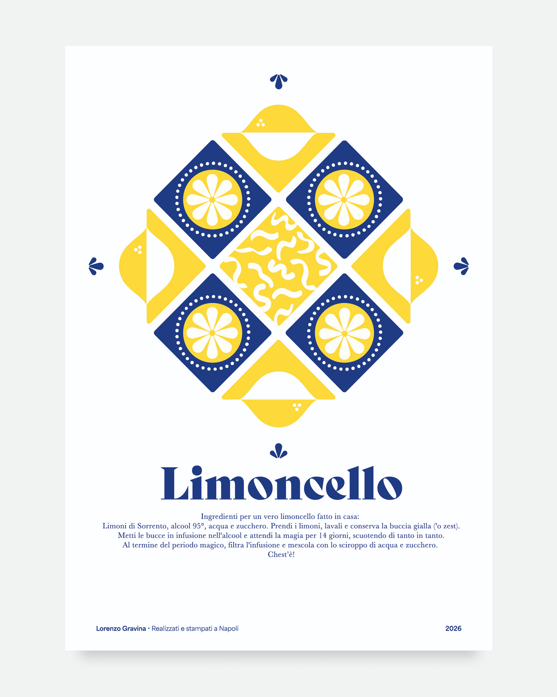 Poster Limoncello con ricetta – maiolica geometrica in giallo e blu con limoni di Sorrento | Posteria Verace