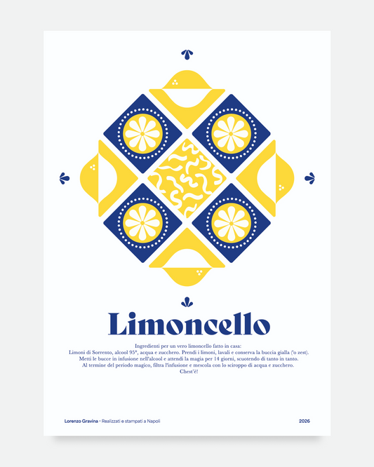 Poster Limoncello con ricetta – maiolica geometrica in giallo e blu con limoni di Sorrento | Posteria Verace