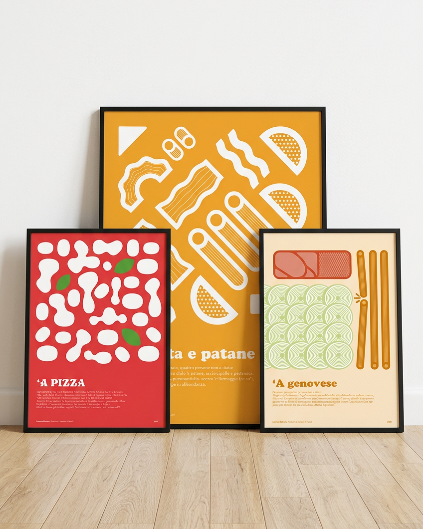 Pacco — tre poster napoletani: 'A Pizza, Pasta e Patane e 'A Genovese in cornice nera appoggiate a terra | Posteria Verace