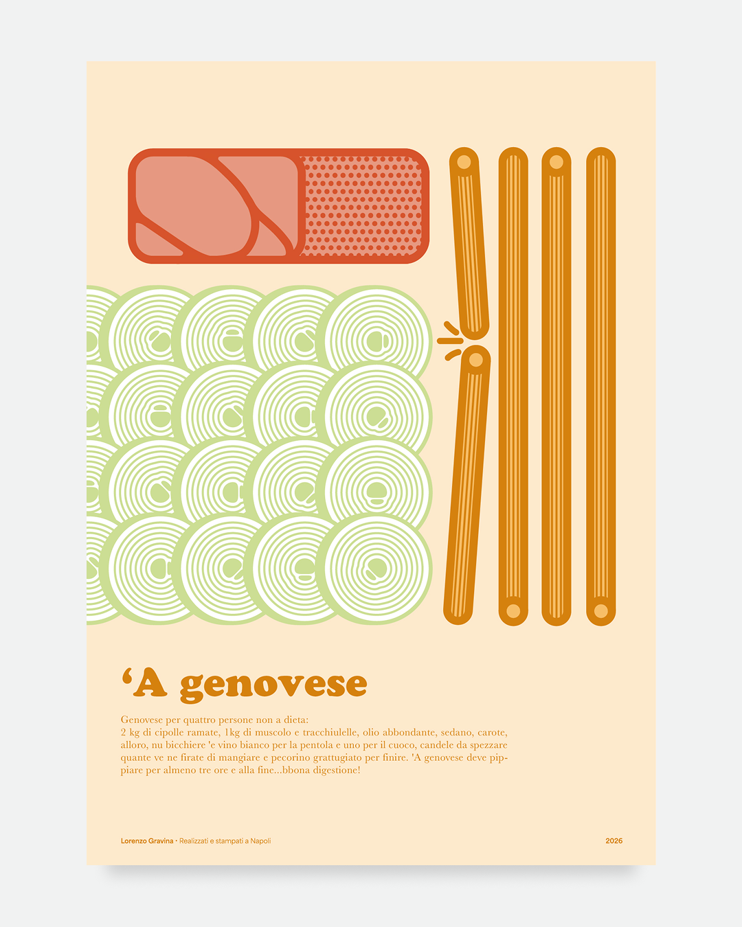 Poster la Genovese - ricetta napoletana illustrata con cipolle e ziti - stampa cucina napoletana | Posteria Verace