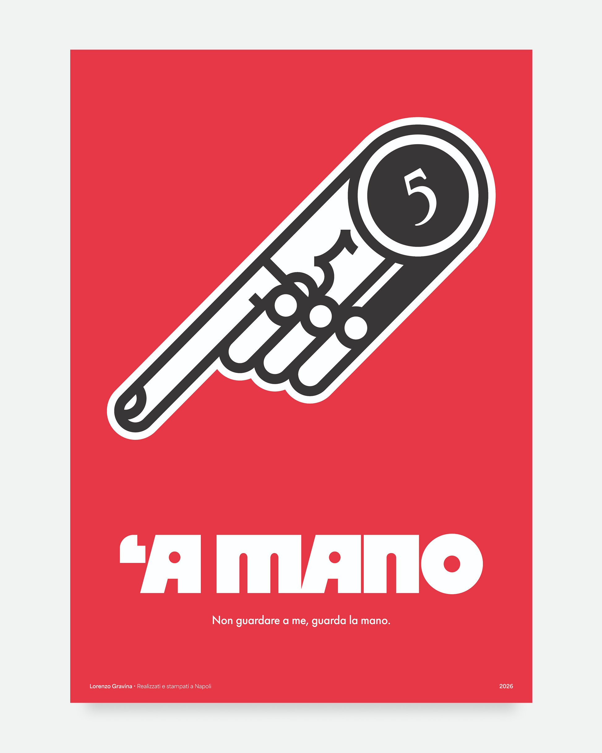 Poster 'A Mano — il 5 della Smorfia napoletana, mano che indica, illustrazione di Lorenzo Gravina