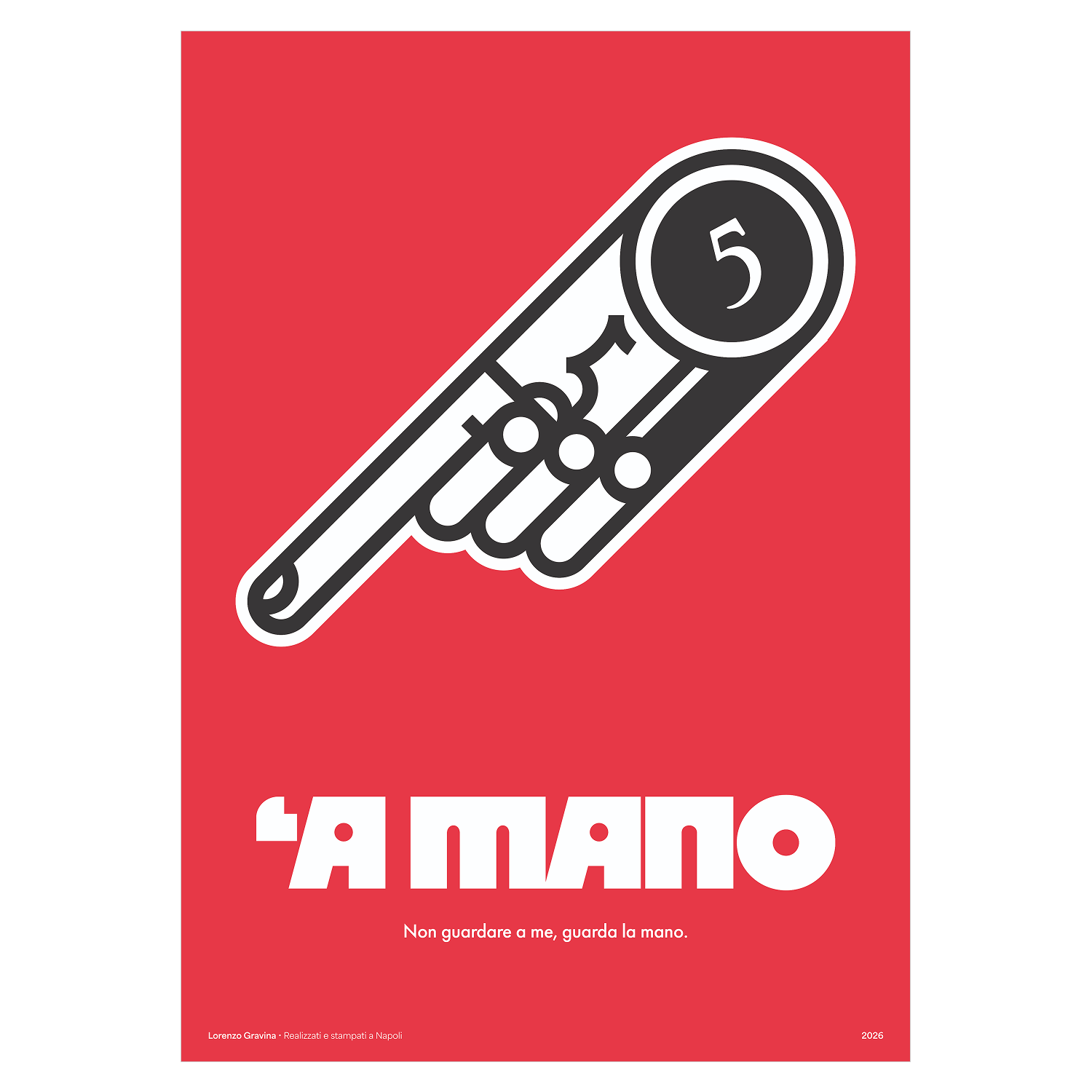 Poster 'A Mano – il 5 della smorfia napoletana, mano su sfondo rosso, stampa tipografica | Posteria Verace