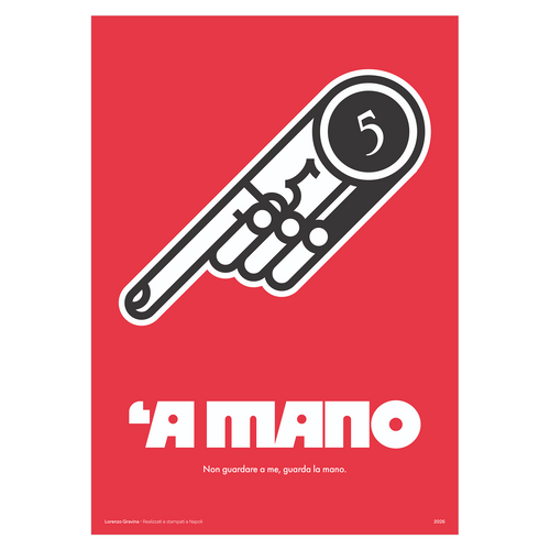 Poster 'A Mano – il 5 della smorfia napoletana, mano su sfondo rosso, stampa tipografica | Posteria Verace