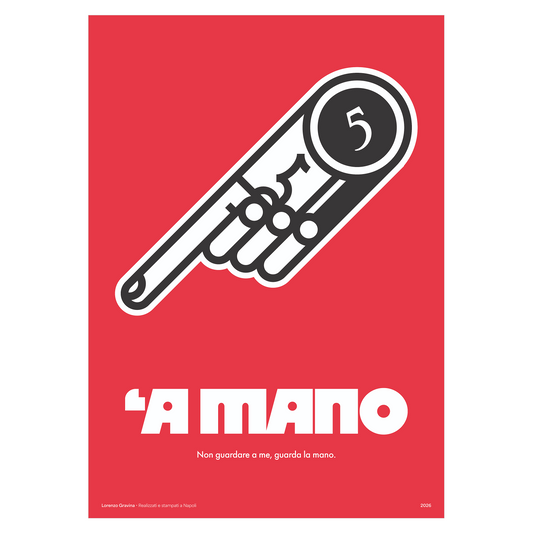 Poster 'A Mano – il 5 della smorfia napoletana, mano su sfondo rosso, stampa tipografica | Posteria Verace