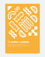 Poster 'A Pasta e Patane - ricetta napoletana illustrata su sfondo arancione - stampa cucina napoletana | Posteria Verace