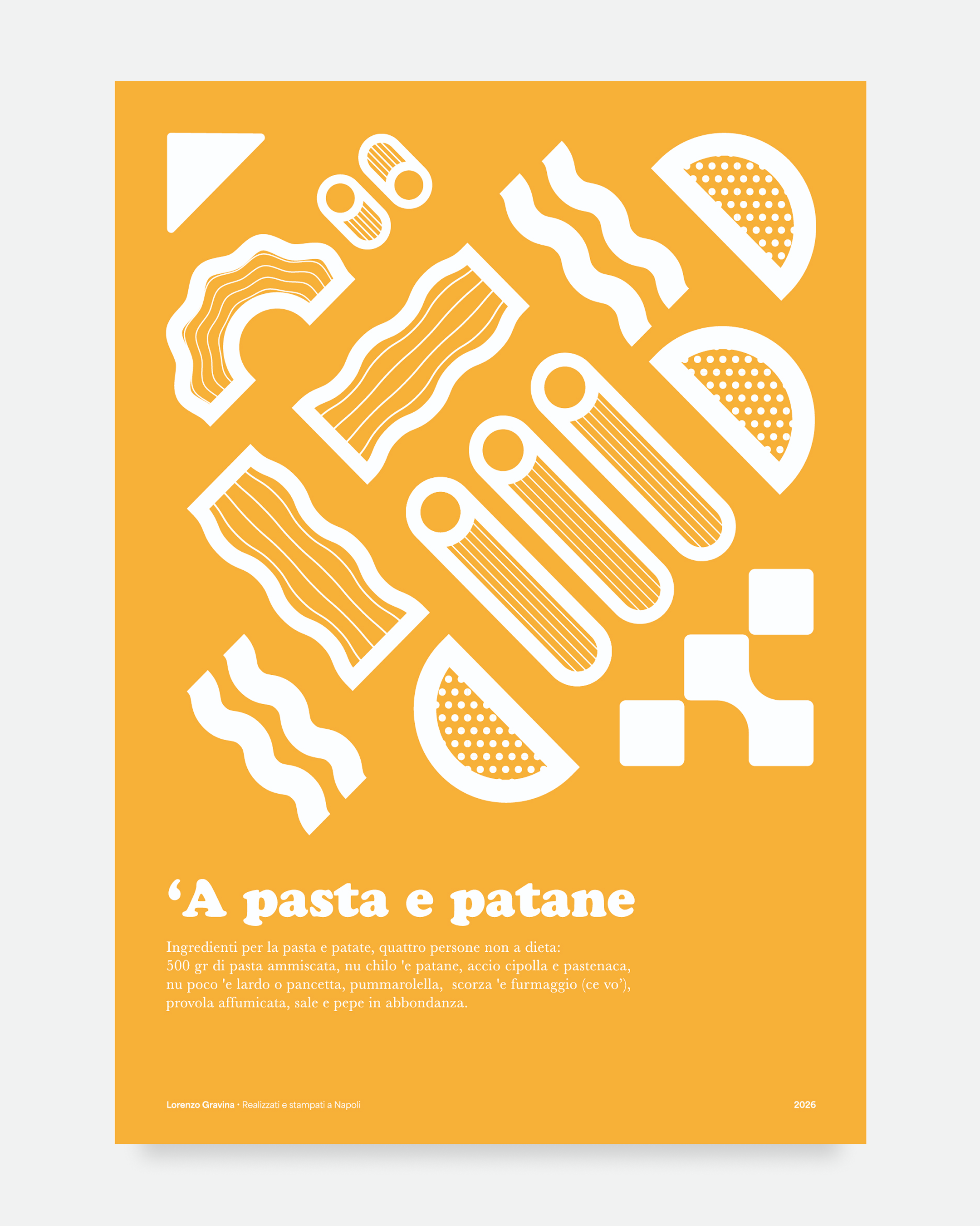 Poster 'A Pasta e Patane - ricetta napoletana illustrata su sfondo arancione - stampa cucina napoletana | Posteria Verace