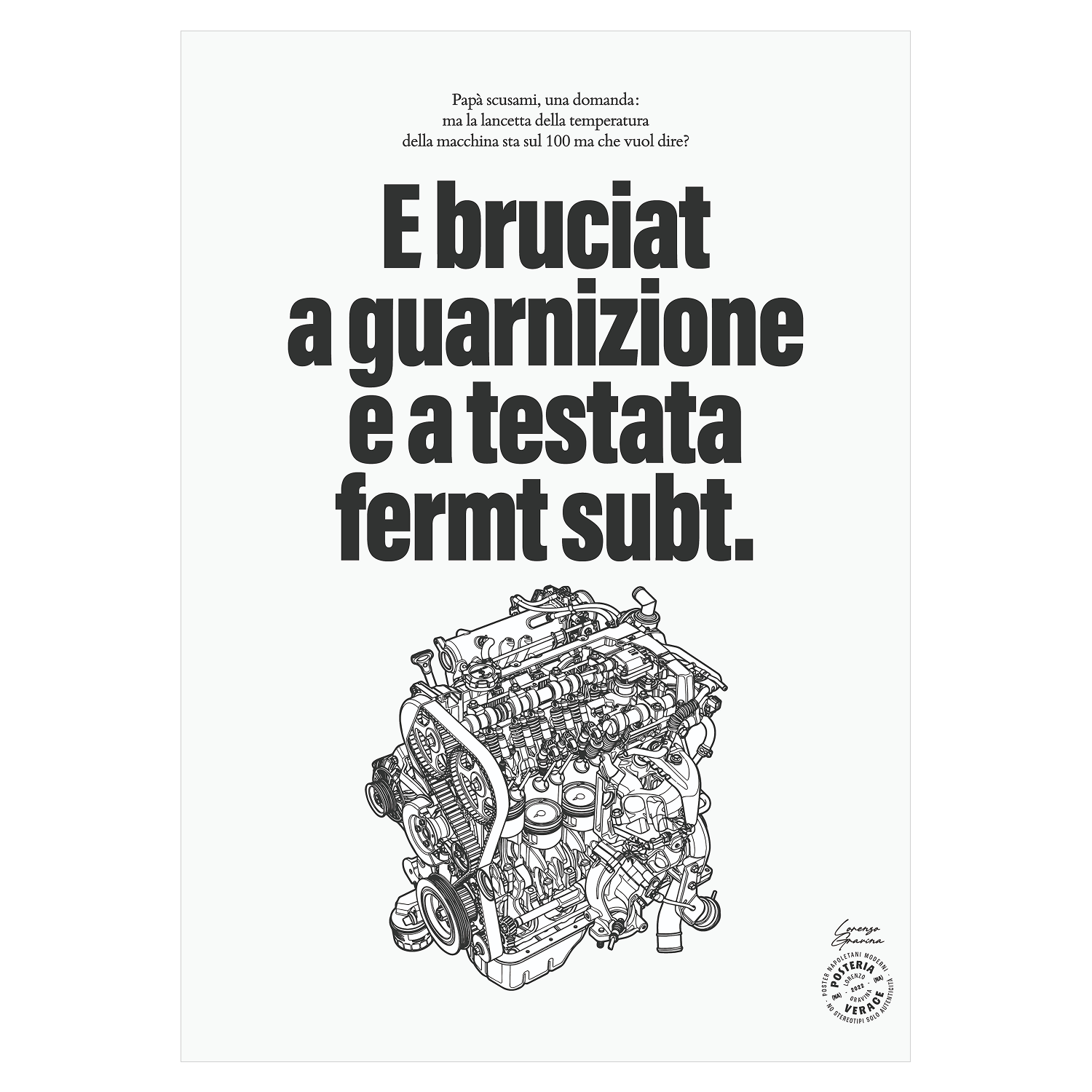 Poster Guarnizione e Testata – motore e ironia napoletana, stampa tipografica | Posteria Verace