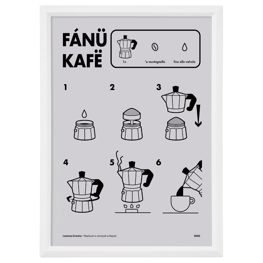 Poster mignon FANUCAFE con le istruzioni del caffè napoletano, stampa 13x18 cm con cornice bianca inclusa