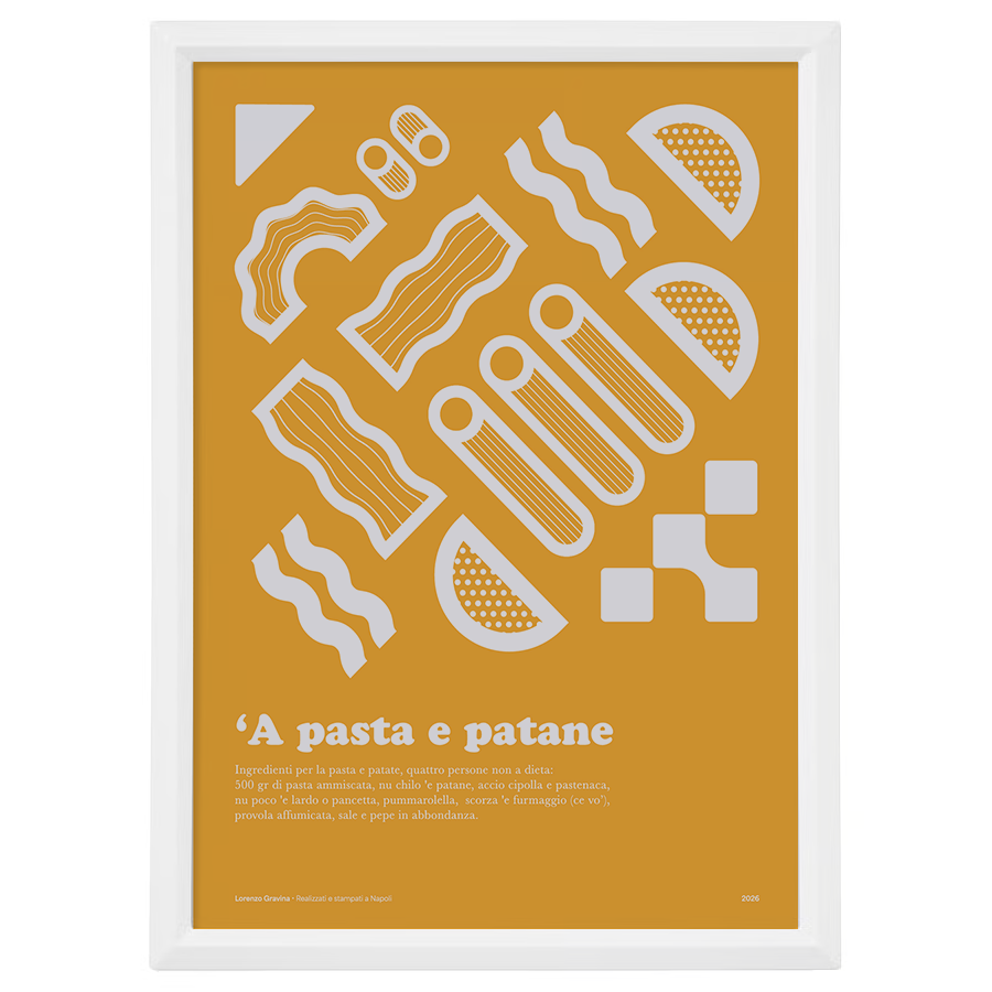 Poster mignon con la ricetta napoletana della pasta e patate, stampa 13x18 cm con cornice bianca inclusa