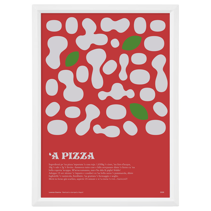 Poster mignon con la ricetta della pizza napoletana, stampa 13x18 cm con cornice bianca inclusa