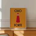 Poster Olio Forte incorniciato su credenza in legno — bottiglietta del Campari Soda con olio piccante fatto in casa, illustrazione di Lorenzo Gravina · Posteria Verace