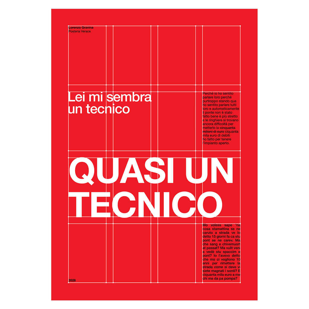 Poster Quasi un Tecnico – meme del benzinaio napoletano in design svizzero | Posteria Verace