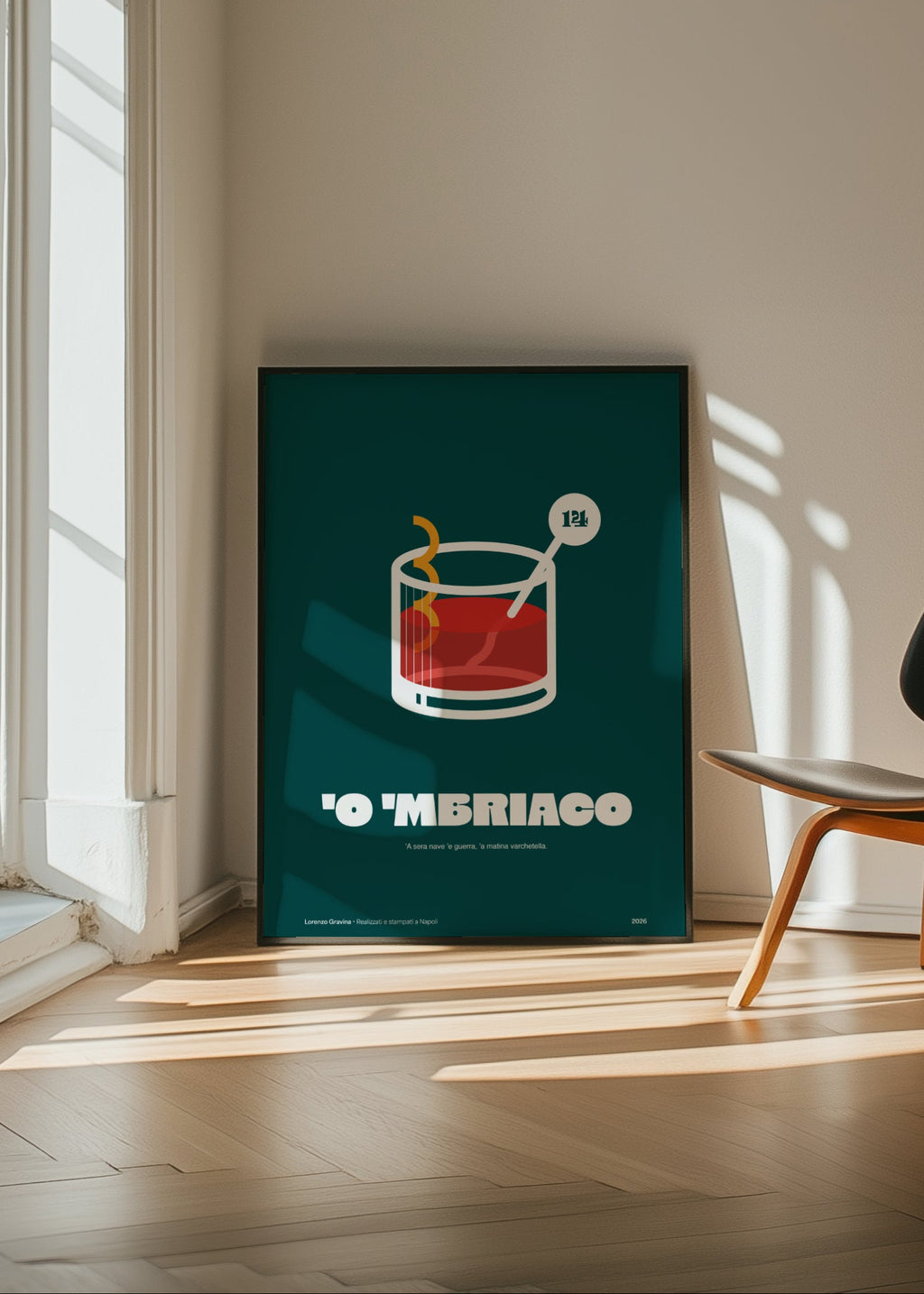 Poster Smorfia 14 Negroni in cornice su parete – design napoletano contemporaneo | Posteria Verace