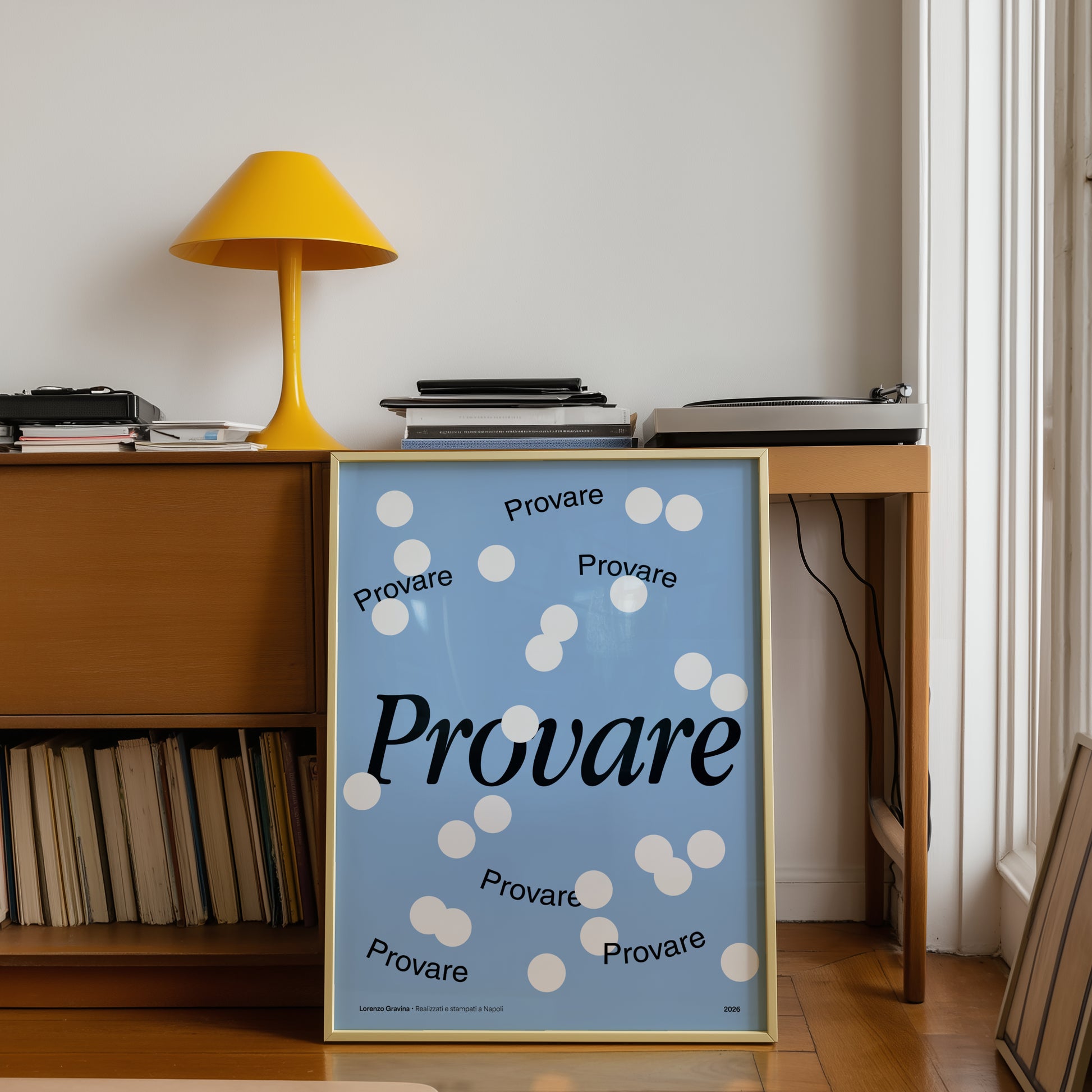 Dettaglio del poster ispirato a Massimo Troisi – frase 'provare provare provare' | Posteria Verace