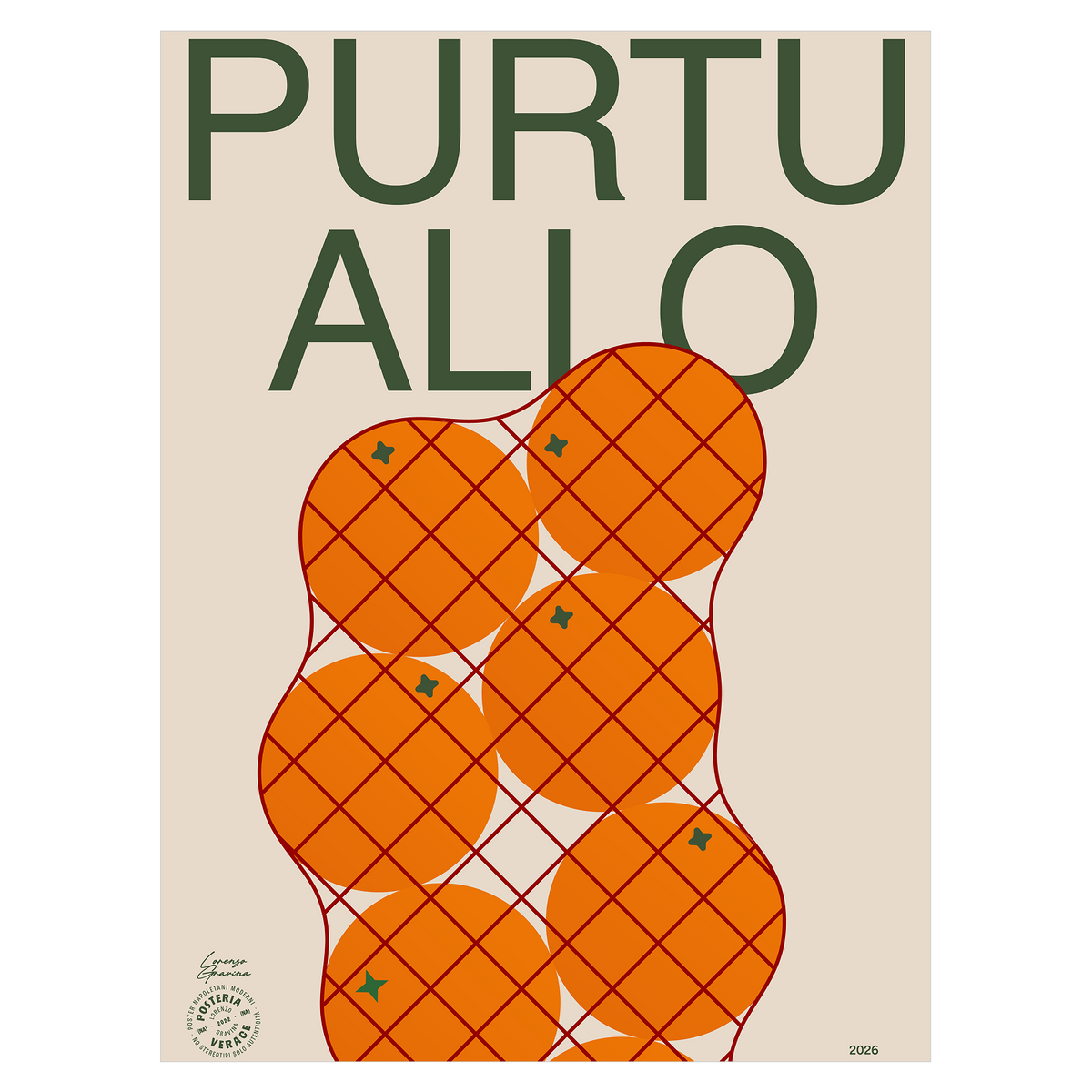 Poster Purtuallo di Posteria Verace - arancia e lettering napoletano, stampa su carta opaca
